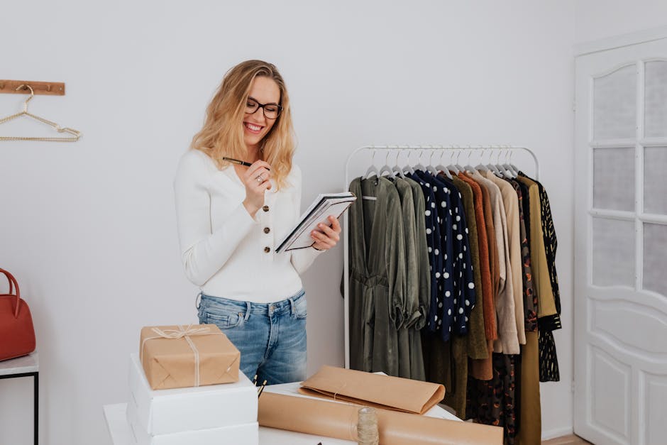 Commerçante souriante dans sa boutique, prenant des notes sur son inventaire